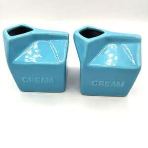 Ceramic Cream Carton Pitchers Turquoise Blue Set of 2, Modern Mid-Century Style
